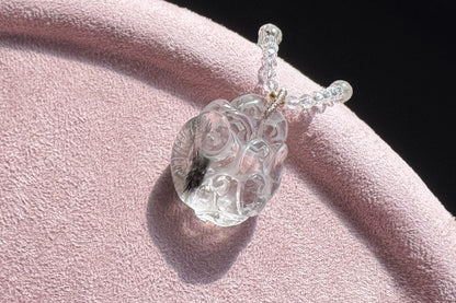 Natural Brookite Silver Rutilated Quartz Hand Carved Nine Tailed Fox Pendant, Silver Rutile Titanium Quartz Fox, 天然黑银钛晶手工精雕九尾狐吊坠