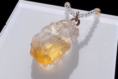 Natural Brazilian Citrine Hand Carved Nine Tailed Fox Pendant, Hand-Carved Golden Citrine Glow • Intricate Hand-Carved Artistry Necklace