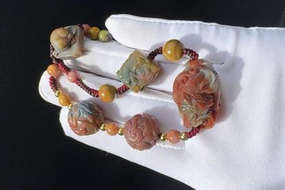 Natural Multi-color Old Mine Alashan Agate Hand Carved Charms Braided Bracelet, Alasha Bracelet, Carved Agate, 天然原矿老料阿拉善手工精雕狐狸手编手链