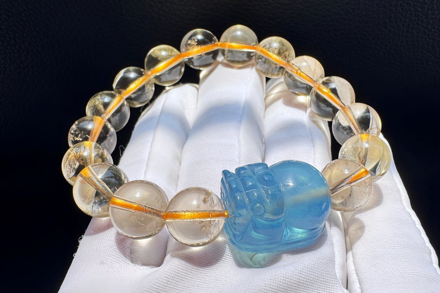 Certified Natrual Aquamarine and Lemon Citrine Bracelet, Lemon Quartz Bracelet, Aquamarine Pi-Xiu, Wealth Bracelet, 天然海蓝宝貔貅搭配柠檬黄水晶手串