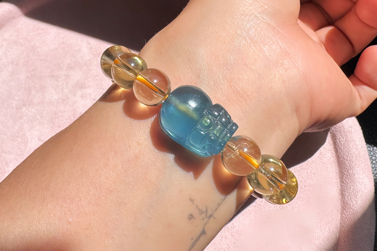 Certified Natrual Aquamarine and Lemon Citrine Bracelet, Lemon Quartz Bracelet, Aquamarine Pi-Xiu, Wealth Bracelet, 天然海蓝宝貔貅搭配柠檬黄水晶手串
