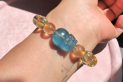 Certified Natrual Aquamarine and Lemon Citrine Bracelet, Lemon Quartz Bracelet, Aquamarine Pi-Xiu, Wealth Bracelet, 天然海蓝宝貔貅搭配柠檬黄水晶手串