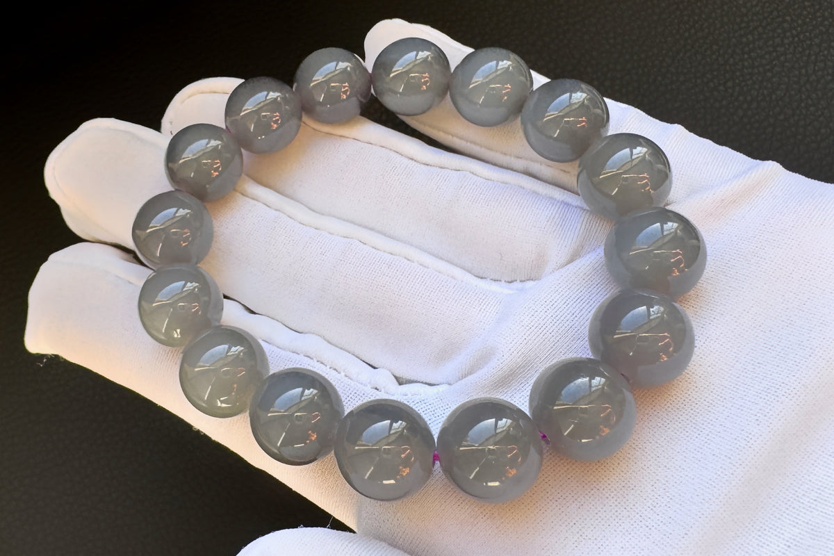 Certified Natural Smokey Gray Nephrite Jade Bracelet, Genuine Gray Nephrite Jade Bracelet, 天然青海料烟灰色软玉圆珠手串带证书