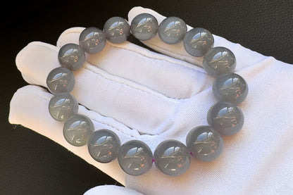 Certified Natural Smokey Gray Nephrite Jade Bracelet, Genuine Gray Nephrite Jade Bracelet, 天然青海料烟灰色软玉圆珠手串带证书