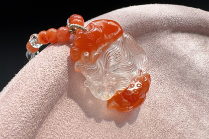 Hand Carved Natural Red Rabbit Hair Quartz Nine Tailed Fox Pendant, High Grade Red Rabbit Hair Necklace, Unique Crystal Fox, 手工精雕精品红兔毛九尾狐吊坠