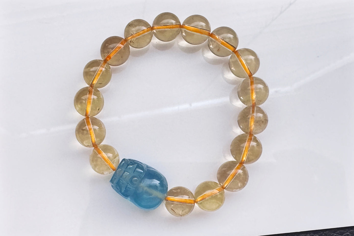 Certified Natrual Aquamarine and Lemon Citrine Bracelet, Lemon Quartz Bracelet, Aquamarine Pi-Xiu, Wealth Bracelet, 天然海蓝宝貔貅搭配柠檬黄水晶手串