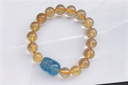 Certified Natrual Aquamarine and Lemon Citrine Bracelet, Lemon Quartz Bracelet, Aquamarine Pi-Xiu, Wealth Bracelet, 天然海蓝宝貔貅搭配柠檬黄水晶手串