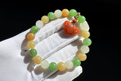 Natural High Grade Hetian Nephrite Beaded Bracelet, Multi-colored Nephrite Jade Bracelet, Nanhong Charm, 天然冰润高色阶和田玉多宝手串