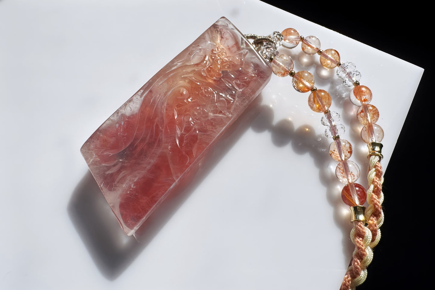 Natural Pink Hematoid Quartz Hand Carved Nine Tailed Fox Pendant, Rare Pink Hematoid Pendant, 天然粉胶花手工精雕九尾狐梅花树吊坠