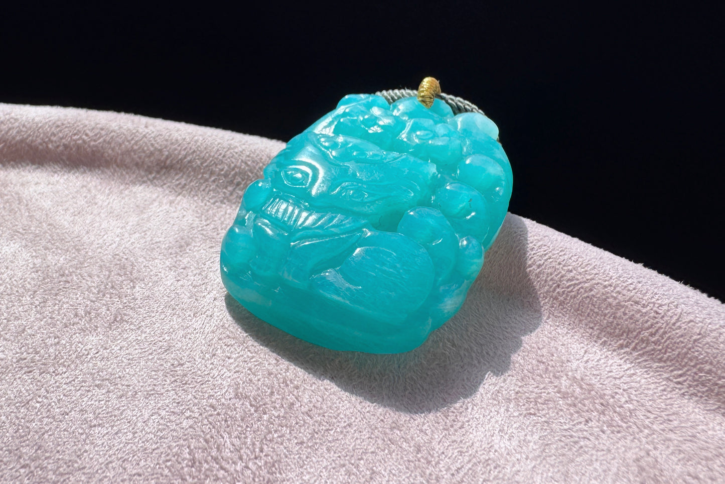 Natural Top Grade Amazonite Hand Carved Nine Tailed Fox and Peony Pendant, 天然精品天河石手工精雕九尾梅花吊坠