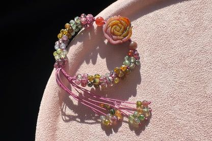 Natural Tourmaline Braided Bracelet with Carved Yanyuan Origin Agate Flower Charm, Yan-yuan and Tourmaline Bracelet, 天然手编碧玺小米珠手链搭配盐源花牌