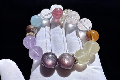 Natural Multi-gemston Bracelet, Rose Quartz Aquamarine Beaded Bracelet, 天然猫眼紫锂辉搭配海蓝宝粉晶葡萄石手串