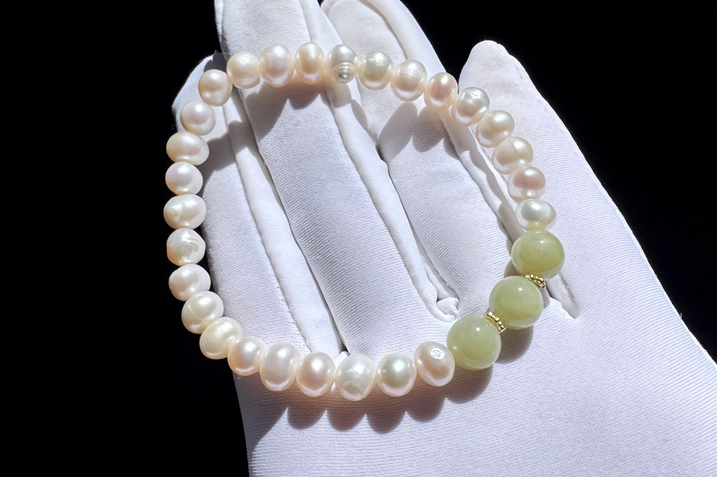 Natural Green Nephrite Jade with Freshwater Pearl Beaded Bracelet, Pearl Bracelet, 天然淡水珍珠搭配玉圆珠手串