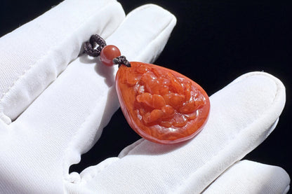 Natural Untreated Nanhong South Red Agate Peony Pendant, Fire Pattern Nanhong, Carved Nanhong Agate Pendant, 天然川料南红玛瑙手工雕刻牡丹花吊坠