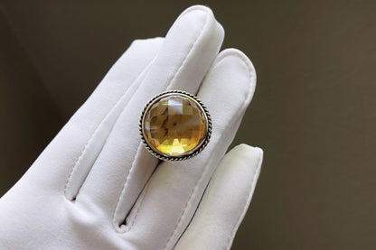 Certified Natural Gem Grade Brazilian Citrine In S925 Setting, Top Grade Large Citrine Ring, 天然巴西黄水晶戒面级暴力黄镶嵌S925银戒指
