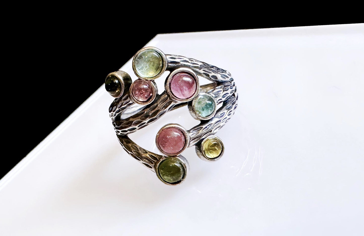 Natural Rainbow Tourmaline in Premium S925 Thick Silver Handmade Ring, Mermaid Tourmaline Ring, 天然巴西老料美人鱼色系碧玺肌理枝条S925厚银戒指