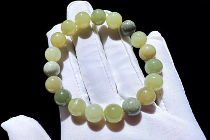 Certified Natural Yellow Nephrite Jade Bracelet with Blue Stone Skin, Unique Nephrite Jade Bracelet, 天然若羌蓝皮黄口料玉手串带证书
