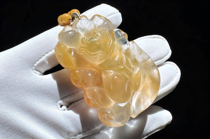 Top Grade Natural Yellow Rabbit Hair Quartz Hand Carved Nine Tailed Fox Pendant Necklace, 天然精品黄兔毛水晶手工精雕九尾狐吊坠