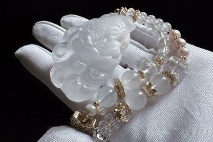 Large Natural White Rabbit Hair Quartz Hand Carved Nine Tailed Fox Pendant, High Grade White Rabbit Hair Necklace, 天然精品白兔毛手工精雕九尾狐吊坠