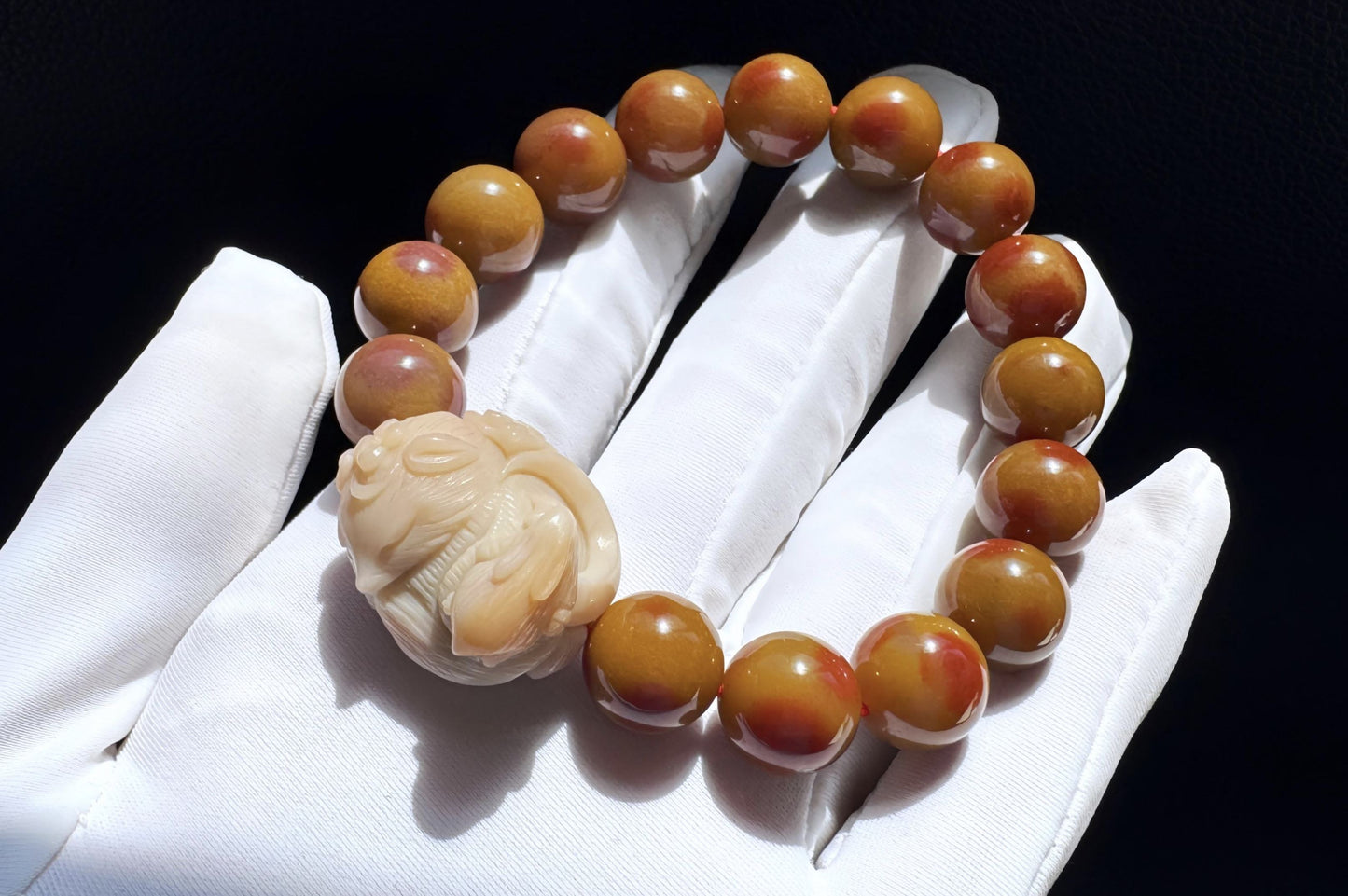 Natural Alashan Rock Beaded Bracelet with Hand Carved Alashan Nine Tailed Fox and Rabbit Charm, 天然老矿料阿拉善圆珠搭配手工精雕原矿阿拉善九尾狐