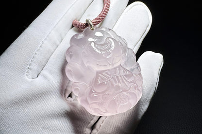 Natural Mozambique Rose Quartz Hand Carved Nine Tailed Fox Pendant, Carved Rose Quartz Fox Pendant Necklace, 天然莫粉水晶手工精雕狐仙吊坠