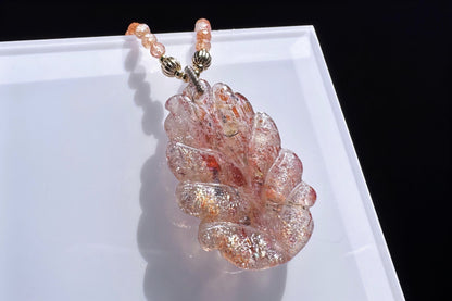 Natural Arusha Sunstone Hand Carved Nine Tailed Fox Pendant, Carved Confetti Sunstone Fox, 天然阿鲁沙水晶手工雕刻九尾狐双狐吊坠