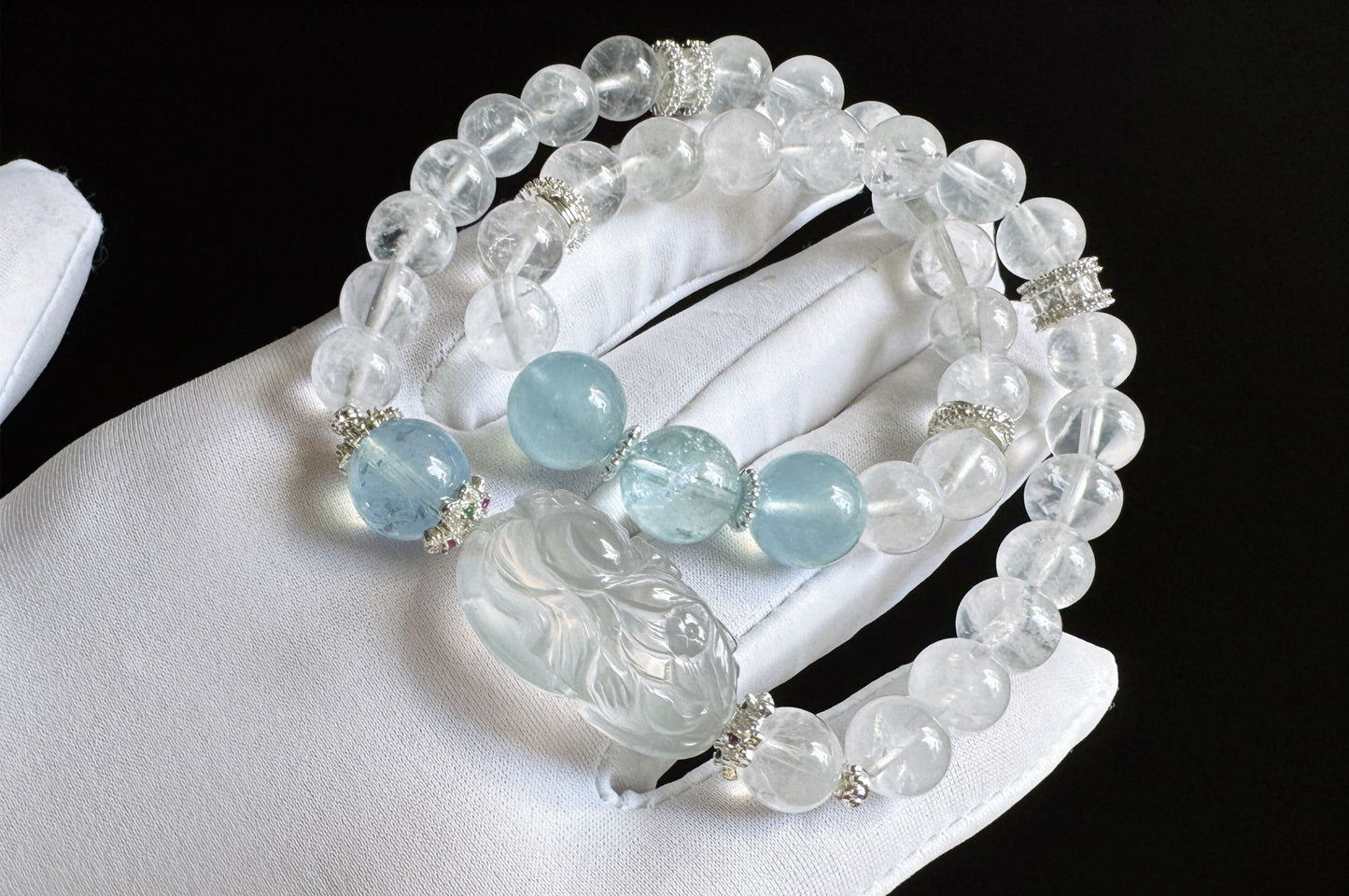 Rare Natural Blue Rabbit Hair Rutile Quartz Carved Nine Tailed Fox with Aquamarine and White Phantom Bracelet, 天然蓝兔毛九尾趴趴狐海蓝宝白幽灵手串