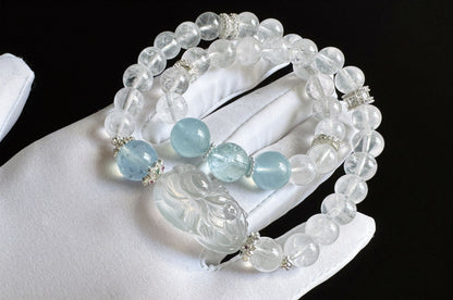 Rare Natural Blue Rabbit Hair Rutile Quartz Carved Nine Tailed Fox with Aquamarine and White Phantom Bracelet, 天然蓝兔毛九尾趴趴狐海蓝宝白幽灵手串
