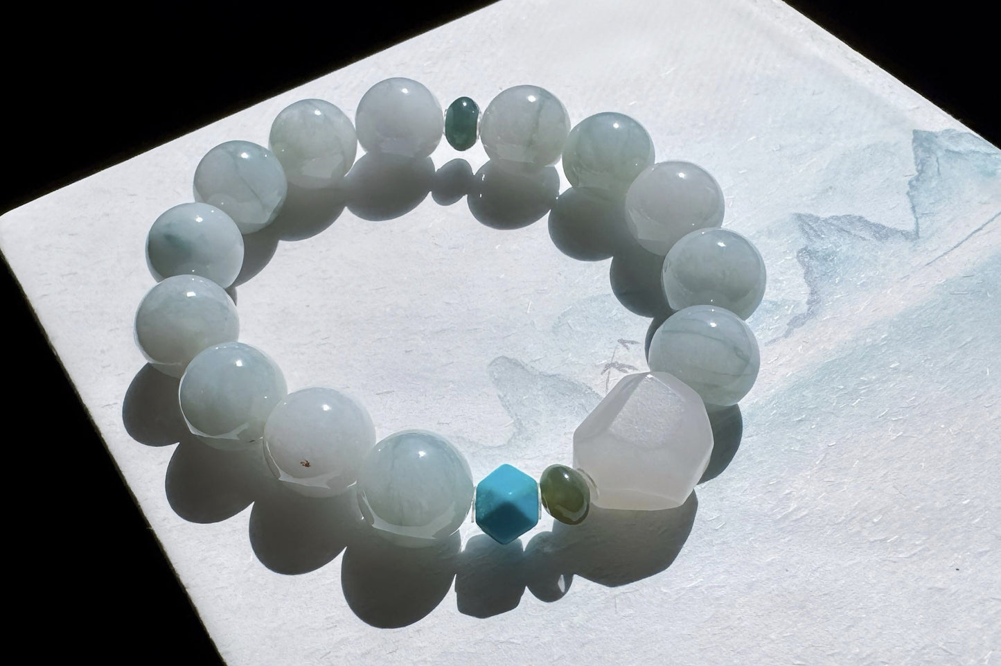 12mm Natural Grade A Jadeite Jade Bracelet with Mutton Fat Nephrite Jade, Blue Turquoise, Blue Jadeite Jade, 天然缅甸A货蓝底绿花翡翠细糯种手串羊脂白玉绿松