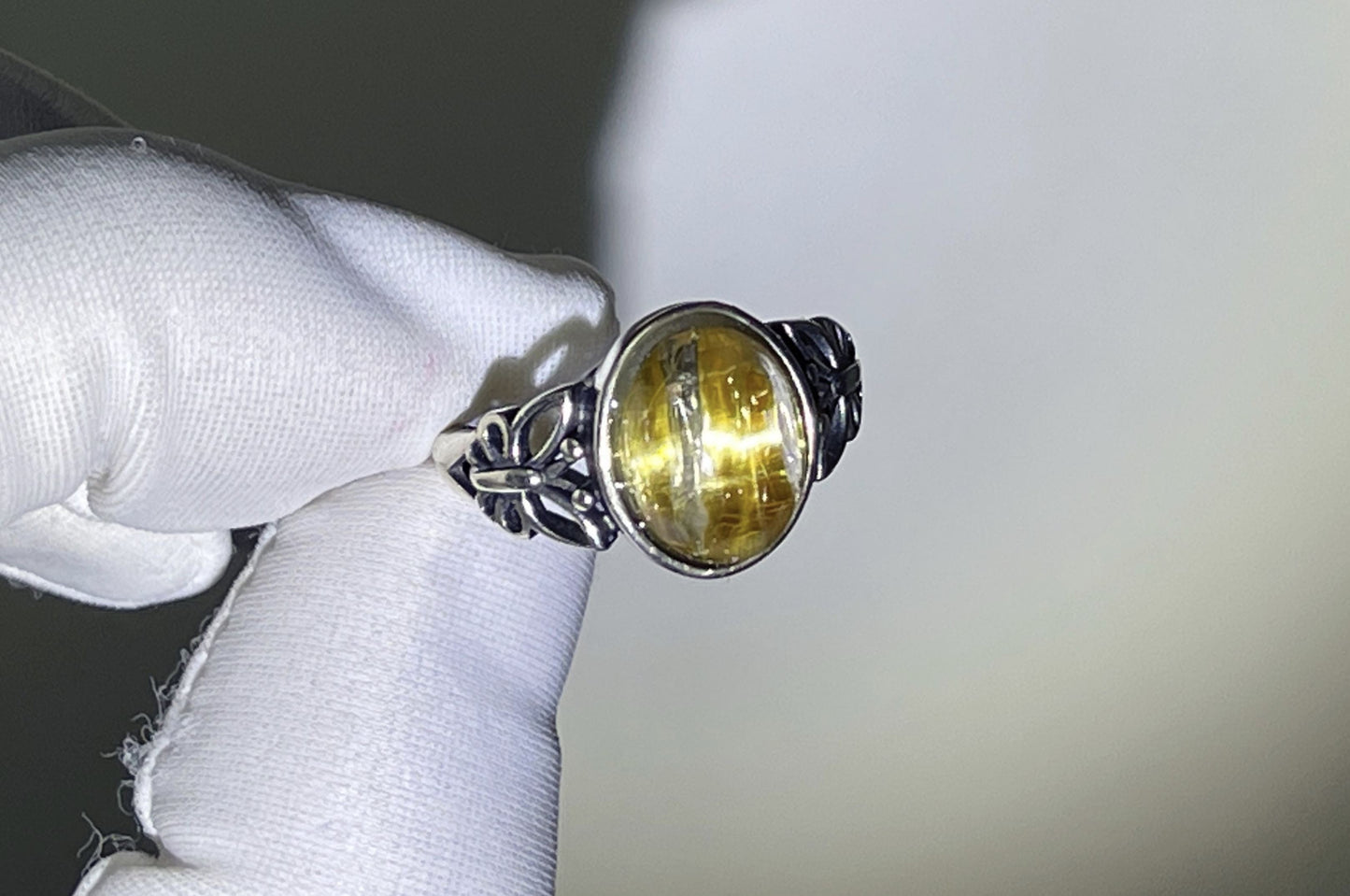 Top Grade Natural Golden Rutile Quartz Ring S925 Setting, Natural Golden Rutilated Quartz Ring, 天然钛晶板钛猫眼戒指925纯银戒托
