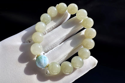 Natural Nephrite Beaded Bracelet with Dominican Larimar Bead, Nephrite Jade Bracelet, 天然软玉手串搭配海纹石