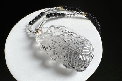 Natural Black Rutile Quartz Hand Carved Nine Tailed Fox Pendant, Black Rutilated Quartz Crystal Fox, 天然精品黑发晶手工雕刻九尾狐吊坠