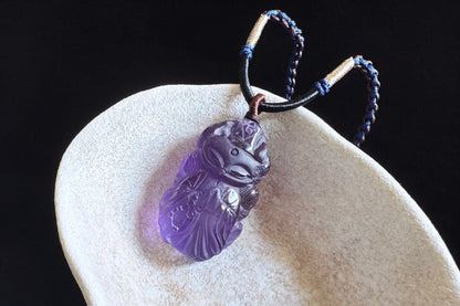 Certified Top Grade Natural Brazilian Amethyst Hand Carved Fox Spirit Pendant, Deep Purple Amethyst Fox Necklace, 天然浓郁巴西紫水晶手工精雕狐仙吊坠