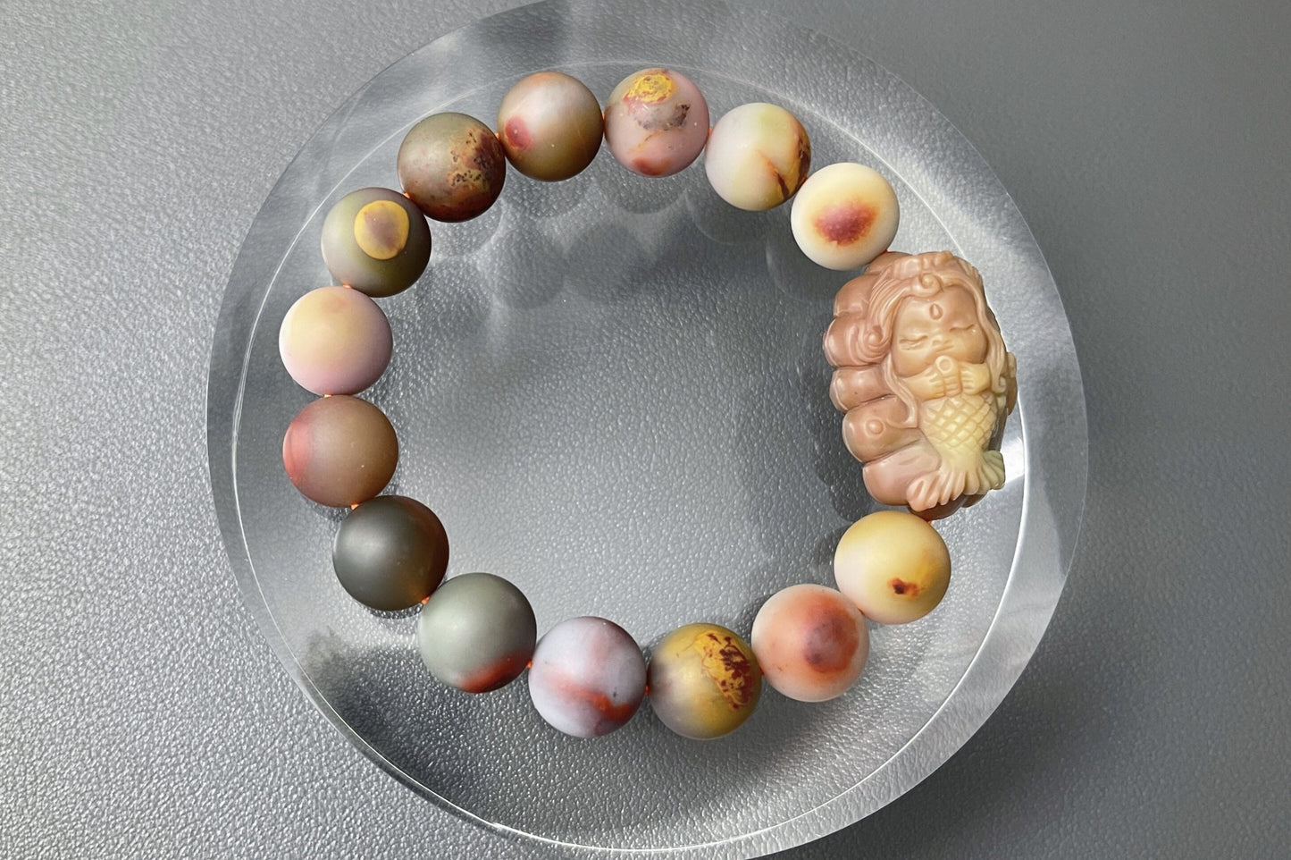 Natural Raw Yan Yuan Agate with Stone Skin Beaded Bracelet and Hand Carved Yan Yuan Agate Mermaid, 原矿包浆盐源手串搭配手工雕刻盐源美人鱼