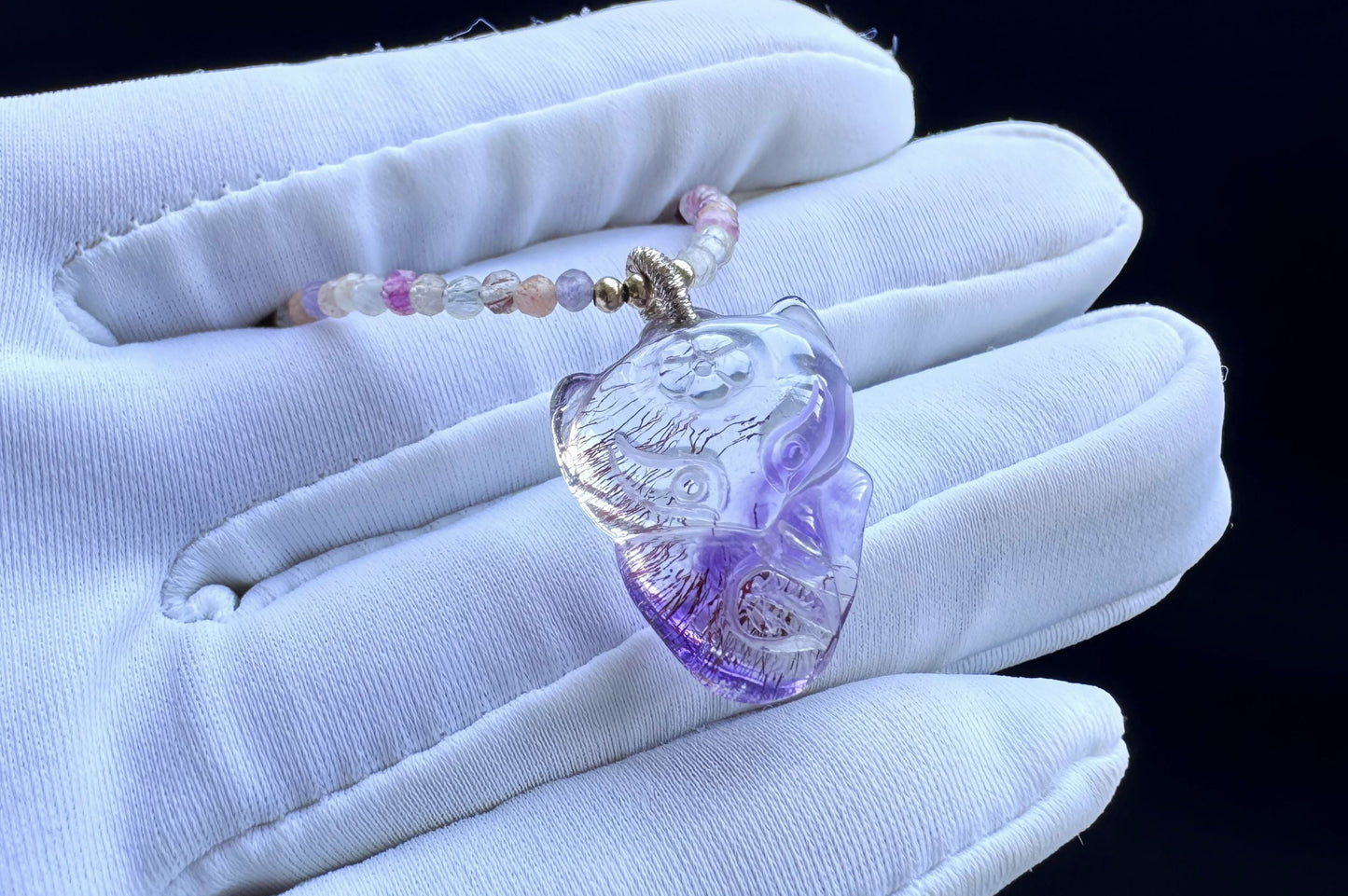 High Grade Natural Super Seven Hand Carved Fox Pendant, Super Seven Crystal Fox Necklace, 天然精品超级七手工雕刻九尾狐吊坠