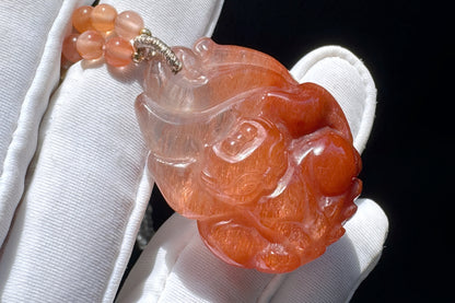 Top Grade Natural Red Rutilated Quartz Hand Carved Nine Tailed Fox Pendant, Carved Red Rutile Quartz, 天然原色正红发晶手工精雕九尾萌狐吊坠