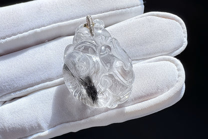 Natural Brookite Silver Rutilated Quartz Hand Carved Nine Tailed Fox Pendant, Silver Rutile Titanium Quartz Fox, 天然黑银钛晶手工精雕九尾狐吊坠