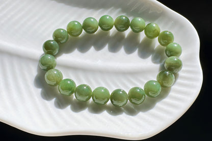 9mm Natural Dark Green Nephrite Beaded Bracelet, Untreated Chatoyancy Nephrite Jade Beads, 天然和田玉碧玉圆珠手串