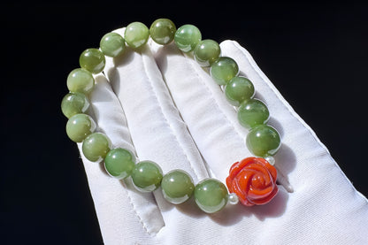 Natural Green Hetian Nephrite Bracelet with Top Grade Nanhong Agate Hand Carved Flower, Nephrite Jade Beads South Red Agate Flower, 天然和田玉手串配南红花花