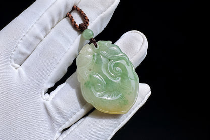 Certified Grade A Jadeite Jade Hand Carved Ruyi Pendant, Natural Carved Jade Pendant Necklace, 天然缅甸A货老坑冰润飘花黄绿双彩如意翡翠吊坠