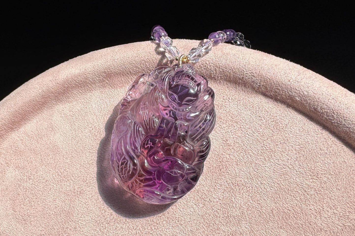Large Naturual Amethyst Pendant Hand Carved Nine Tailed Fox and Phoenix, Brazilian Amethyst Fox and Phoenix Necklace, 天然巴西紫水晶手工雕刻九尾凤凰吊坠