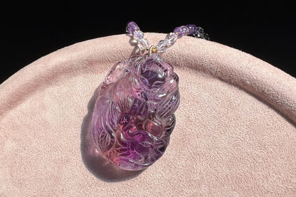 Large Naturual Amethyst Pendant Hand Carved Nine Tailed Fox and Phoenix, Brazilian Amethyst Fox and Phoenix Necklace, 天然巴西紫水晶手工雕刻九尾凤凰吊坠