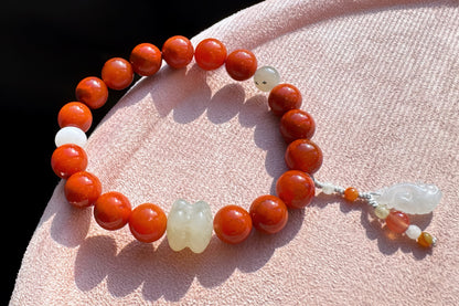 Natural High Grade Nanhong Agate Beaded Bracelet, Bracelet made with Nanhong, Nephrite, jadeite jade, 天然南红玛瑙瓦西锦红圆珠手串搭配和田玉并蒂莲A货翡翠如意
