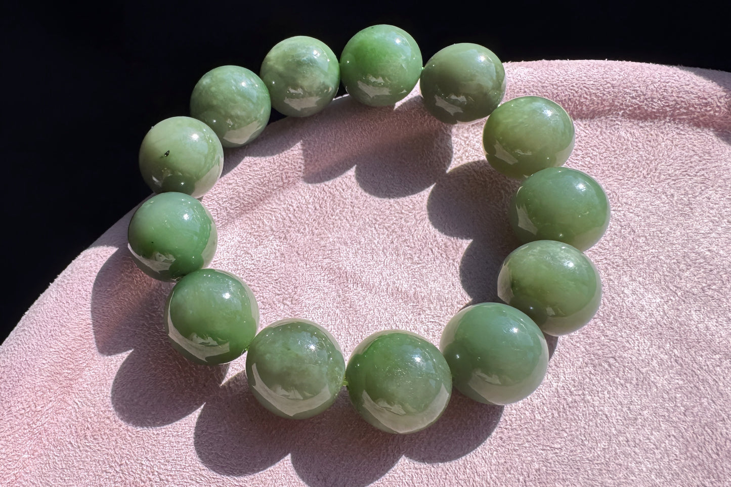 15mm Natural Chunky Green Nephrite Beaded Bracelet, Untreated Nephrite Jade Beads, 天然和田玉碧玉圆珠手串