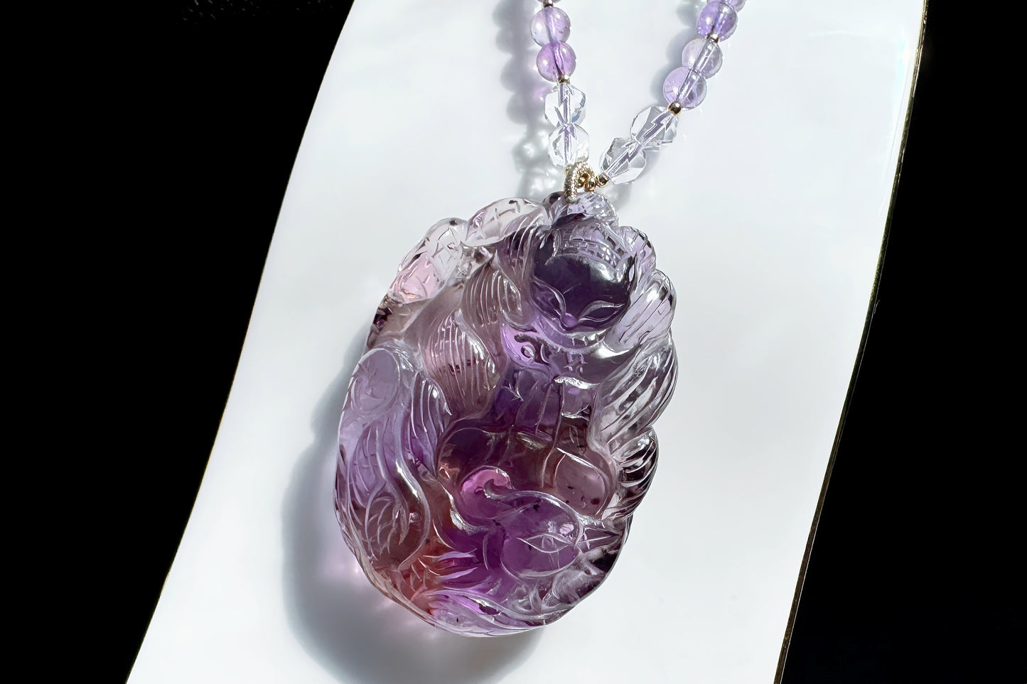 Large Naturual Amethyst Pendant Hand Carved Nine Tailed Fox and Phoenix, Brazilian Amethyst Fox and Phoenix Necklace, 天然巴西紫水晶手工雕刻九尾凤凰吊坠
