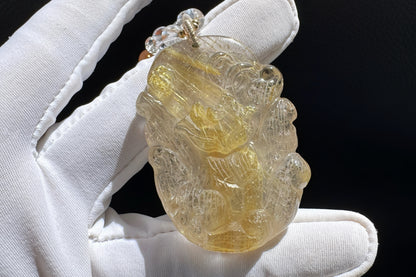 Natural Golden Rutile Quartz Hand Carved Nine Tailed Fox Pendant, Gold Rutilated Quartz Fox Pendant Necklace, 天然茶体金发晶手工精雕九尾狐吊坠