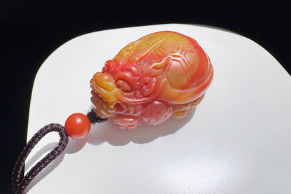 Certified High Grade Natural Nanhong Hand Carved Dragon Turtle Pendant, Yellow Nanhong Dragon Turtle Pendant, 天然黄皮包浆南红手工精雕龙龟吊坠