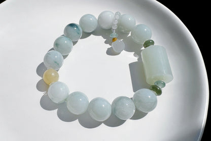 12mm Natural Grade A Jadeite Jade Bracelet with Blue Hetian Nephrite Jade Barrel, Blue Jadeite Jade with floating Blue flowers, 天然缅甸A货糯蓝底飘蓝花翡翠手串配糖玉