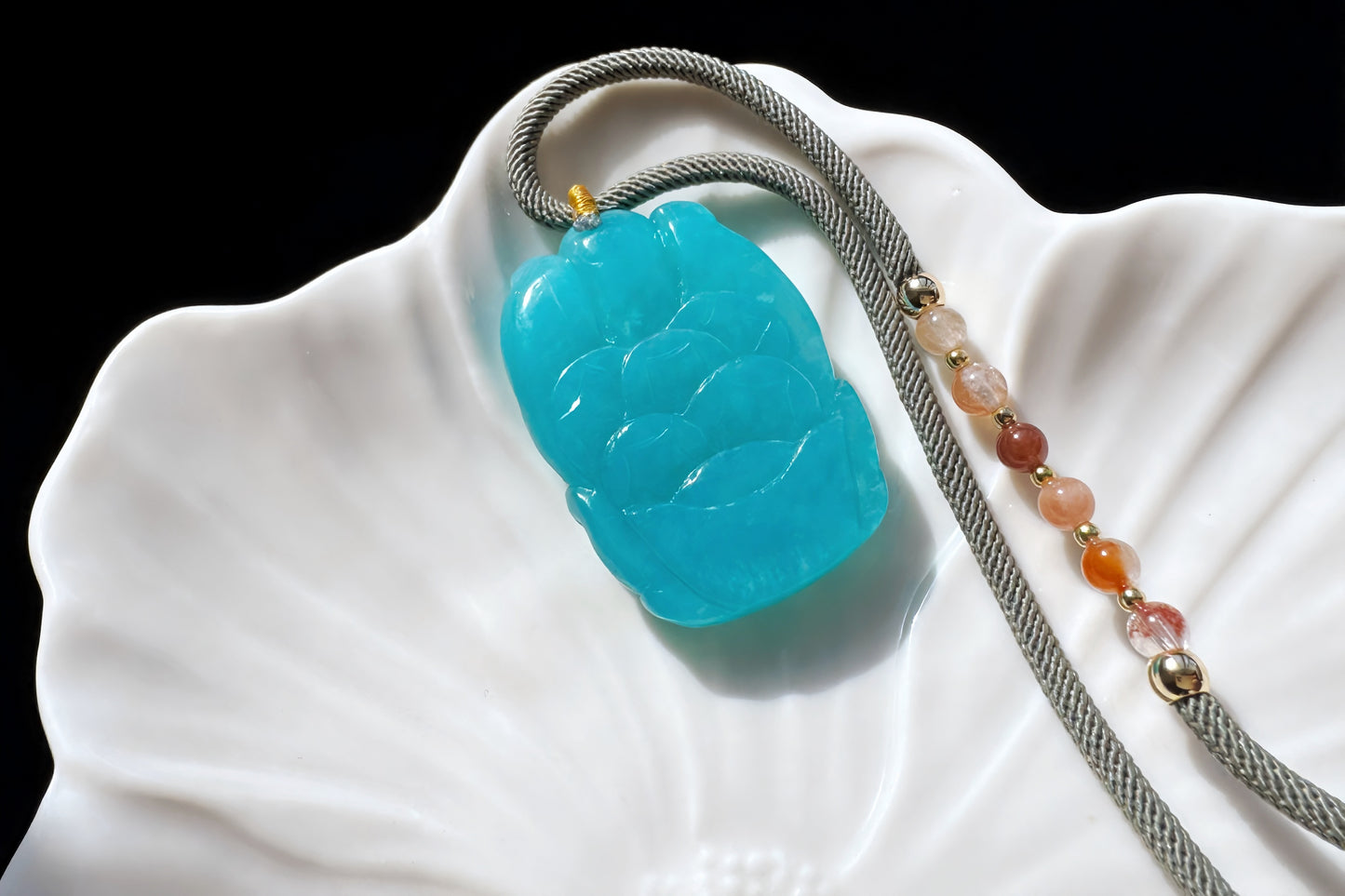 Natural Top Grade Amazonite Hand Carved Nine Tailed Fox and Peony Pendant, 天然精品天河石手工精雕九尾梅花吊坠