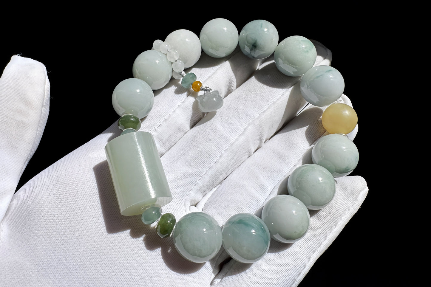 12mm Natural Grade A Jadeite Jade Bracelet with Blue Hetian Nephrite Jade Barrel, Blue Jadeite Jade with floating Blue flowers, 天然缅甸A货糯蓝底飘蓝花翡翠手串配糖玉